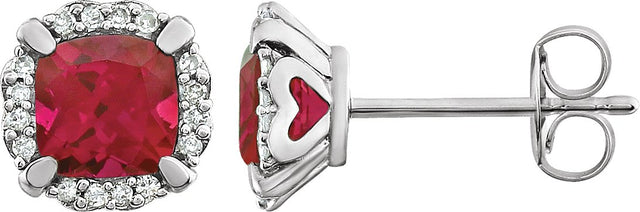 14K Gold Lab-Grown Ruby & Natural Diamond Cushion 4-Prong Halo-Style Birthstone Earrings