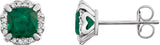 14K Gold Lab-Grown Emerald & Natural Diamond Cushion 4-Prong Halo-Style Birthstone Earrings