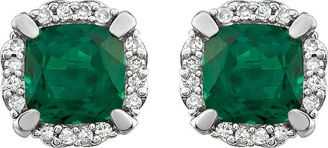 14K Gold Lab-Grown Emerald & Natural Diamond Cushion 4-Prong Halo-Style Birthstone Earrings - view 2