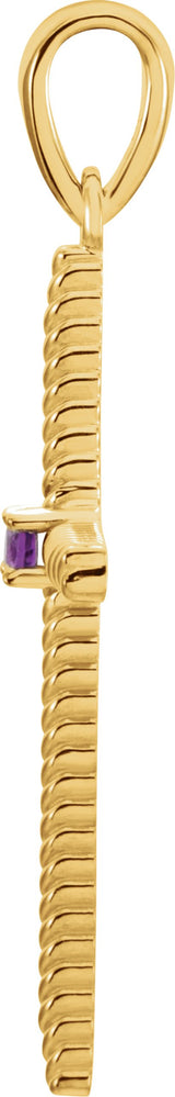 14K Gold Round Natural Amethyst Rope Cross Pendant - Yellow Gold - view 4