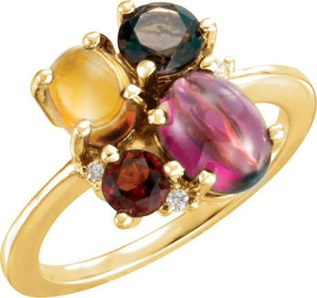 14K Gold Natural Rhodolite Garnet & Natural Citrine & Natural Smoky Quartz & Natural Diamond Multi-Shape Cluster Ring