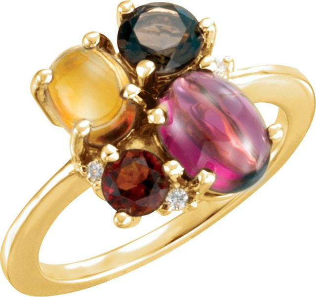 14K Gold Natural Rhodolite Garnet & Natural Citrine & Natural Smoky Quartz & Natural Diamond Multi-Shape Cluster Ring