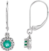 14K Gold Round Natural Emerald & Natural Diamond Vintage-Inspired Earrings - White Gold