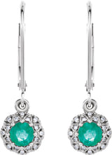 14K Gold Round Natural Emerald & Natural Diamond Vintage-Inspired Earrings - White Gold - view 2