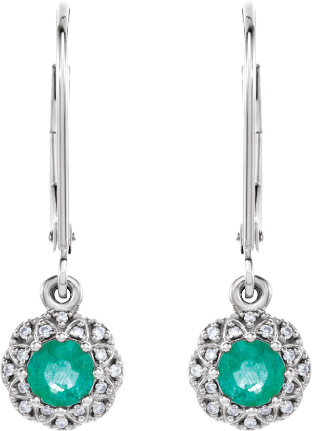 14K Gold Round Natural Emerald & Natural Diamond Vintage-Inspired Earrings - White Gold - view 2