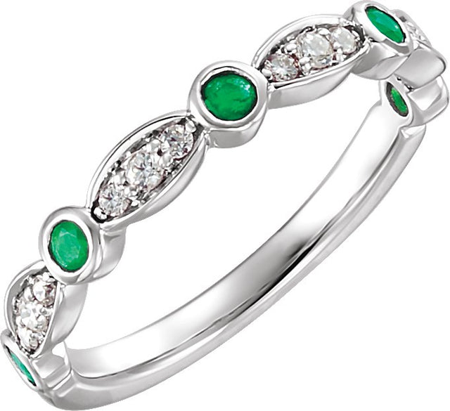 14K Gold Round Natural Emerald & Natural Diamond Stackable Ring