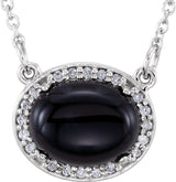 14K Gold Oval Natural Black Onyx & Natural Diamond Halo-Style Necklace - White Gold