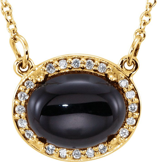 14K Gold Oval Natural Black Onyx & Natural Diamond Halo-Style Necklace - Yellow Gold