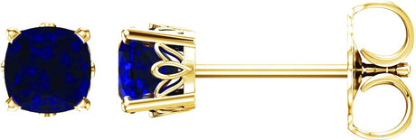 14K Gold Lab-Grown Blue Sapphire Cushion 4-Prong Scroll Setting Stud Earrings - Yellow Gold