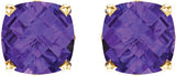 14K Gold Natural Amethyst Cushion 4-Prong Scroll Setting Stud Earrings - Yellow Gold - view 2