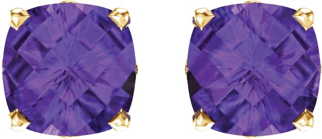 14K Gold Natural Amethyst Cushion 4-Prong Scroll Setting Stud Earrings - Yellow Gold - view 2