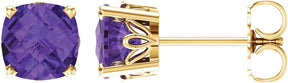14K Gold Natural Amethyst Cushion 4-Prong Scroll Setting Stud Earrings - Yellow Gold