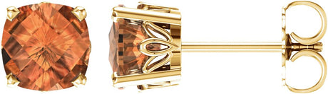 14K Gold Natural Citrine Cushion 4-Prong Scroll Setting Stud Earrings - Yellow Gold