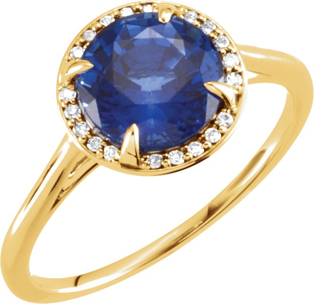 14K Gold Round Lab-Grown Blue Sapphire & Natural Diamond Halo-Style Ring - Yellow Gold
