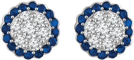 14K Gold Round Natural Blue Sapphire & Natural Diamond Halo-Style Cluster Earrings - view 2
