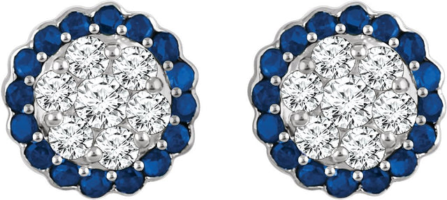 14K Gold Round Natural Blue Sapphire & Natural Diamond Halo-Style Cluster Earrings - view 2