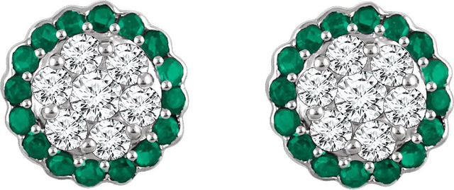 14K Gold Round Natural Emerald & Natural Diamond Halo-Style Cluster Earrings - view 2