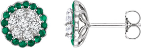 14K Gold Round Natural Emerald & Natural Diamond Halo-Style Cluster Earrings