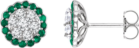 14K Gold Round Natural Emerald & Natural Diamond Halo-Style Cluster Earrings