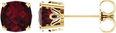 14K Gold Natural Mozambique Garnet Cushion 4-Prong Scroll Setting Stud Earrings - Yellow Gold
