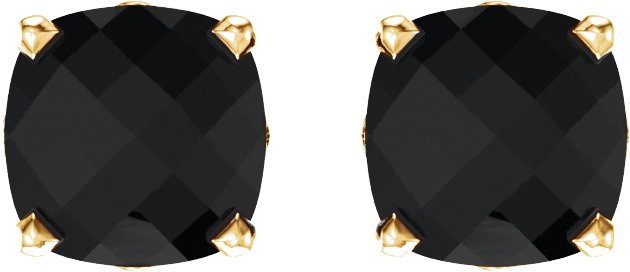 14K Gold Natural Black Onyx Cushion 4-Prong Scroll Setting Stud Earrings - Yellow Gold - view 2