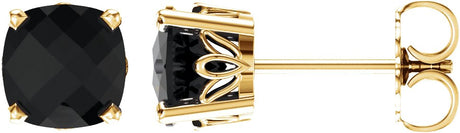 14K Gold Natural Black Onyx Cushion 4-Prong Scroll Setting Stud Earrings - Yellow Gold