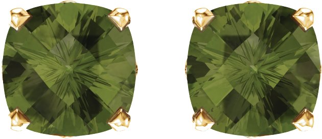 14K Gold Natural Peridot Cushion 4-Prong Scroll Setting Stud Earrings - Yellow Gold - view 2