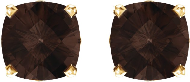 14K Gold Natural Smoky Quartz Cushion 4-Prong Scroll Setting Stud Earrings - Yellow Gold - view 2