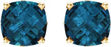 14K Gold Natural London Blue Topaz Cushion 4-Prong Scroll Setting Stud Earrings - Yellow Gold - view 2