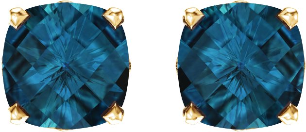14K Gold Natural London Blue Topaz Cushion 4-Prong Scroll Setting Stud Earrings - Yellow Gold - view 2