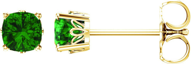 14K Gold Lab-Grown Emerald Cushion 4-Prong Scroll Setting Stud Earrings - Yellow Gold