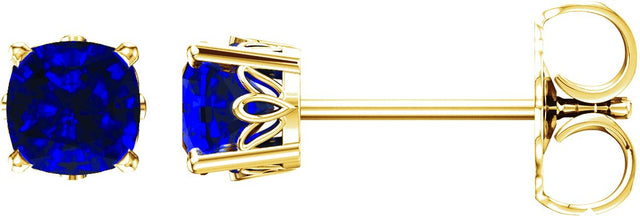 14K Gold Lab-Grown Blue Sapphire Cushion 4-Prong Scroll Setting Stud Earrings - Yellow Gold