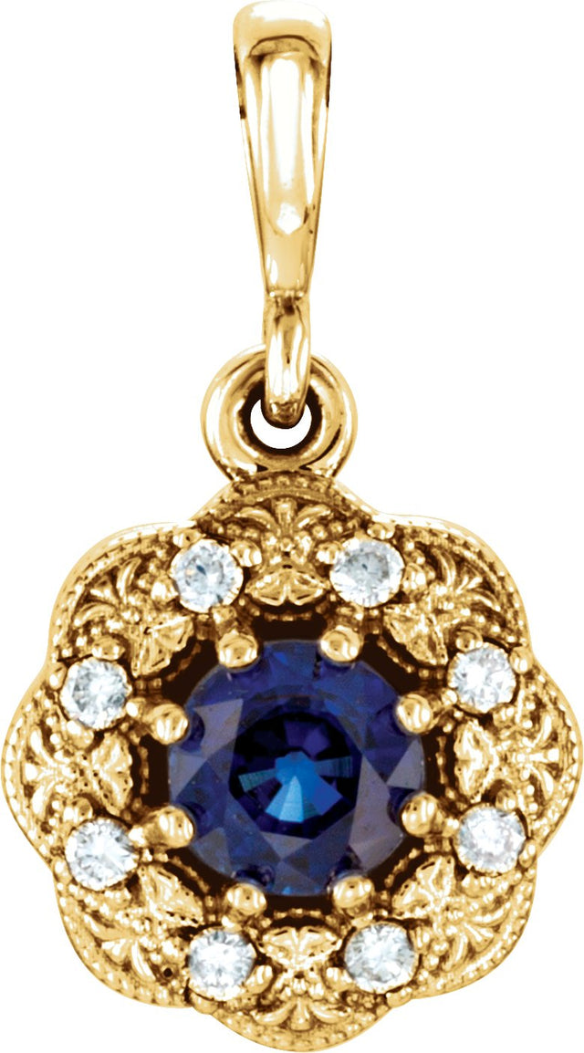 14K Gold Round Natural Blue Sapphire Halo-Style Pendant – 0.06 CTW - Yellow Gold - view 3