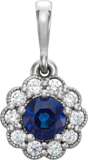 Platinum Round Natural Blue Sapphire & Natural Diamond Halo-Style Pendant – 1/8 CTW