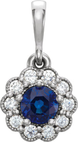 14K Gold Round Natural Blue Sapphire & Natural Diamond Halo-Style Pendant – 1/8 CTW - White Gold