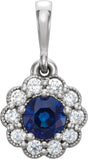 14K Gold Round Natural Blue Sapphire & Natural Diamond Halo-Style Pendant – 1/8 CTW - White Gold
