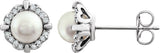 14K Gold Pearl Cultured White Freshwater Pearl & Natural Diamond Cushion 4-Prong Halo-Style Birthstone Earrings – 4.5mm Stones