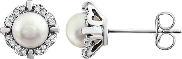 14K Gold Pearl Cultured White Freshwater Pearl & Natural Diamond Cushion 4-Prong Halo-Style Birthstone Earrings – 4.5mm Stones