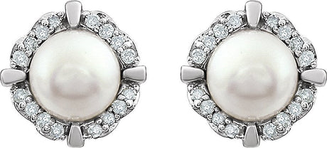 14K Gold Pearl Cultured White Freshwater Pearl & Natural Diamond Cushion 4-Prong Halo-Style Birthstone Earrings – 4.5mm Stones - view 2