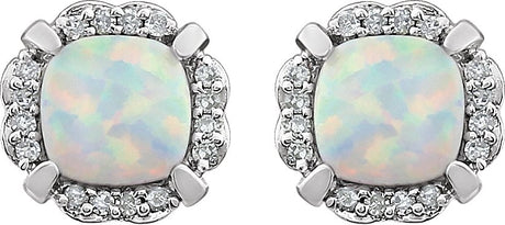 14K Gold Lab-Grown Opal & Natural Diamond Cushion 4-Prong Halo-Style Birthstone Earrings - view 2