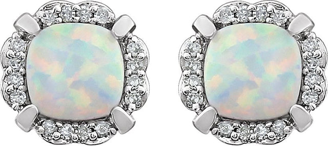 14K Gold Lab-Grown Opal & Natural Diamond Cushion 4-Prong Halo-Style Birthstone Earrings - view 2