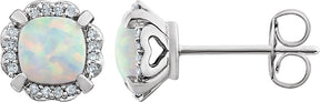 14K Gold Lab-Grown Opal & Natural Diamond Cushion 4-Prong Halo-Style Birthstone Earrings