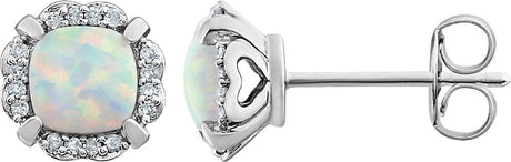 14K Gold Lab-Grown Opal & Natural Diamond Cushion 4-Prong Halo-Style Birthstone Earrings