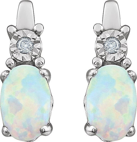 14K Gold Oval Lab-Grown White Opal & Natural Diamond Accented Birthstone Earrings - view 2