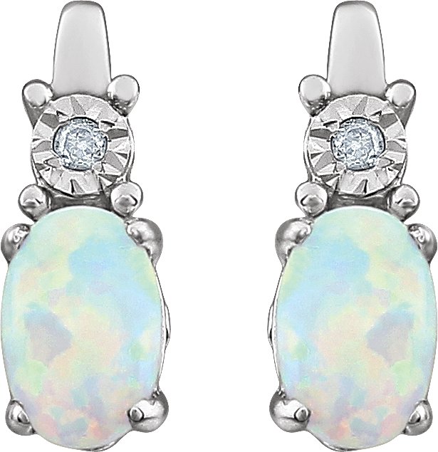 14K Gold Oval Lab-Grown White Opal & Natural Diamond Accented Birthstone Earrings - view 2