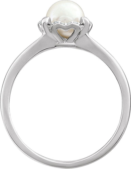 14K Gold Pearl Cultured White Freshwater Pearl & Natural Diamond Halo-Style Birthstone Ring – 5.5mm Stones - view 2
