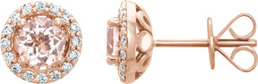 14K Gold Natural Pink Morganite & Natural Diamond Round 4-Prong Halo-Style Earrings