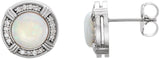 14K Gold Round Natural White Opal & Natural Diamond Bezel-Set Halo-Style Earrings - White Gold