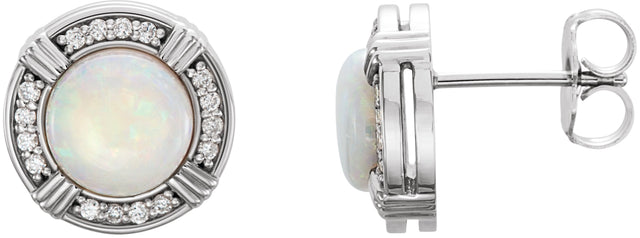 14K Gold Round Natural White Opal & Natural Diamond Bezel-Set Halo-Style Earrings - White Gold