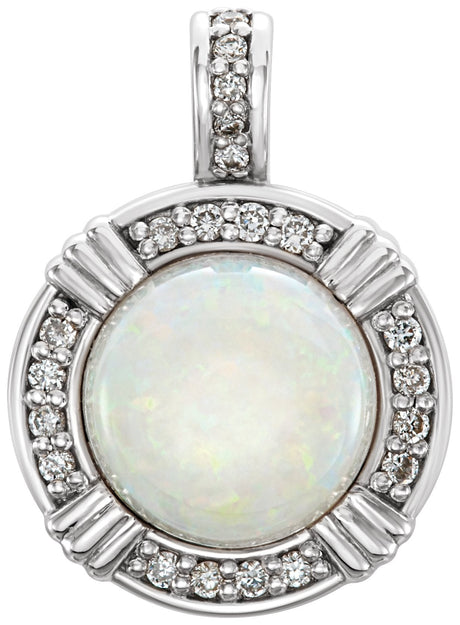 14K Gold Round Natural White Opal & Natural Diamond Cabochon Pendant - White Gold